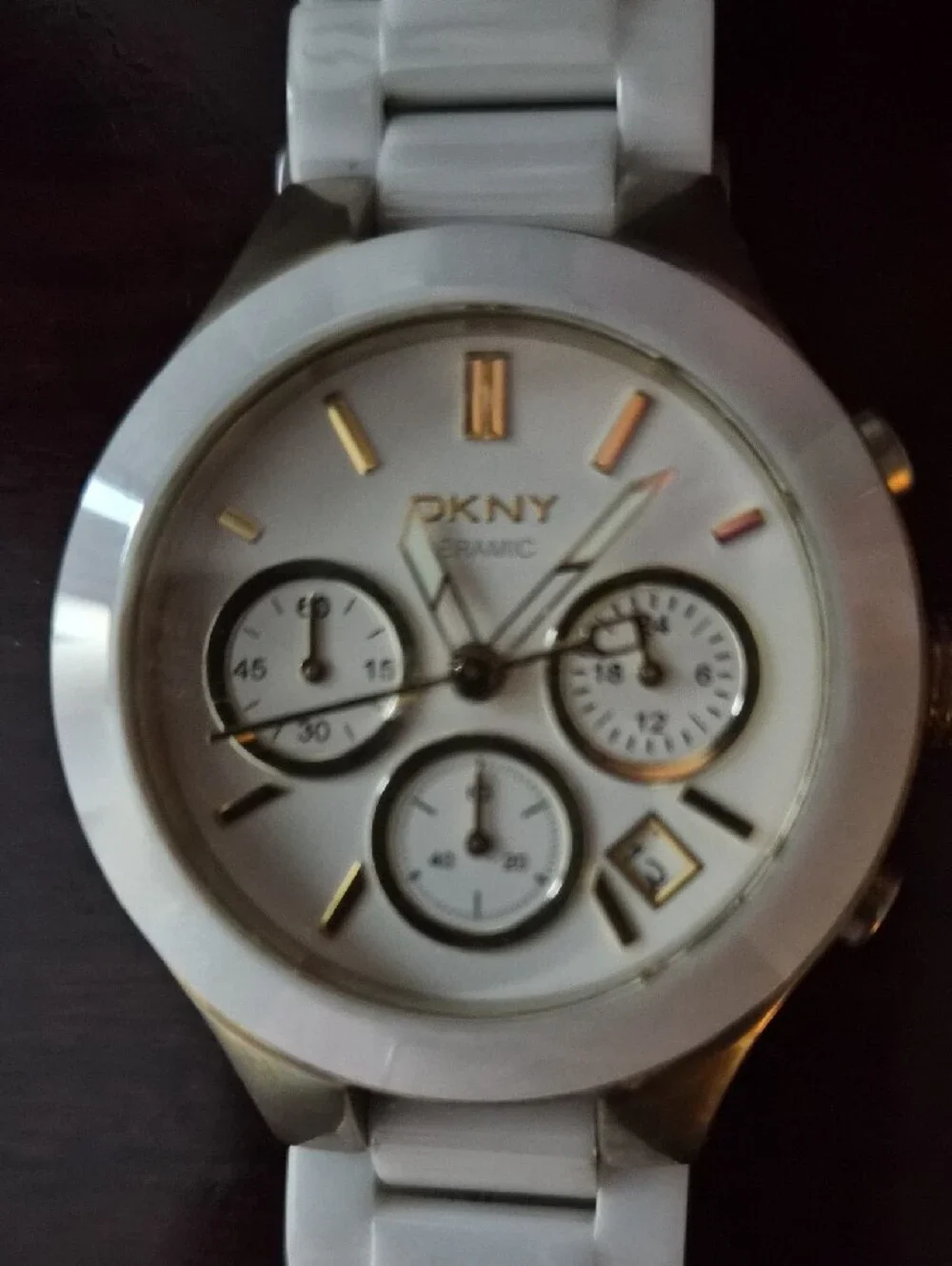 DKNY White Ceramic Chronograph Watch with Gold Accents